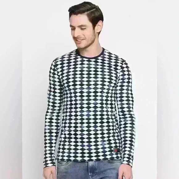 BEING HUMAN Men Geometric Print Round Neck 100% Cotton Longsleeve Shirt XL - Picture 1 of 8